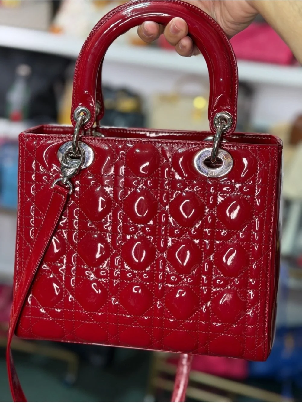 Dior Red Patent Lady Dior Satchel with Silver Hardware